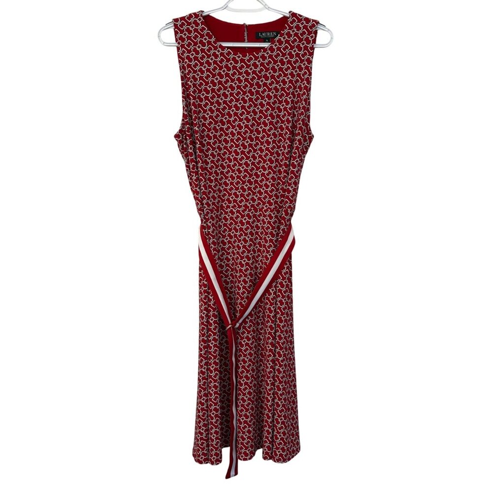 Lauren Ralph Lauren Womens Chain Link Print Belted Jersey Dress Size 16 Red